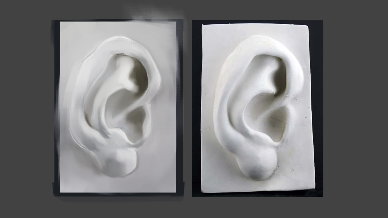 Worksheet practicing digital rendering the hard and soft shadows of a sculpted ear.